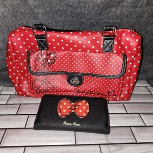 Disney Parks Minnie Mouse Sketch Handbag Purse Red and White Polka Dots & wallet
